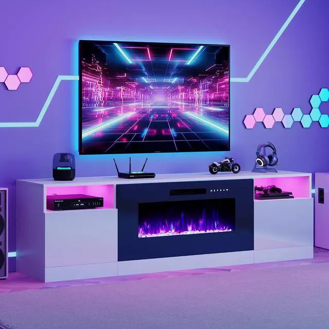 Main image of 80" Fireplace TV Stand with 40" Electric Fireplace, TV Console with High Gloss Storage Cabinets and 12 Colors LED Lights, Modern Entertainment Center for TVs Up to 90", White & Black