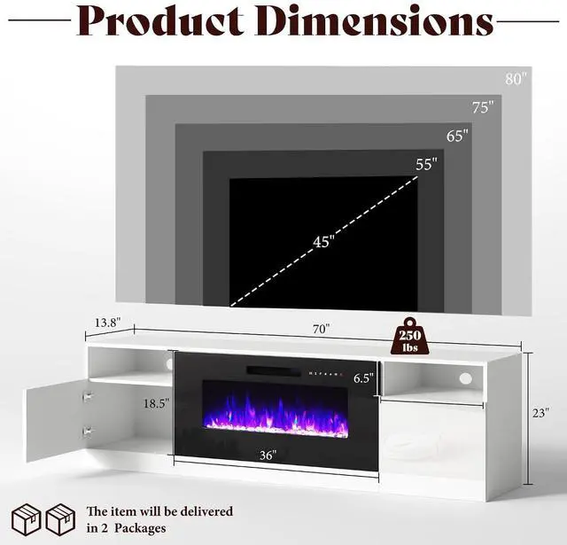 Alt view image 2 of 7 - 70" Fireplace TV Stand with 36" Electric Fireplace, TV Console with High Gloss Storage Cabinets and 12 Colors LED Lights, Modern Entertainment Center for TVs Up to 80", White & Black
