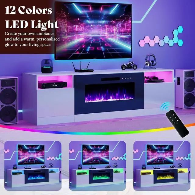 Alt view image 3 of 7 - 80" Fireplace TV Stand with 40" Electric Fireplace, TV Console with High Gloss Storage Cabinets and 12 Colors LED Lights, Modern Entertainment Center for TVs Up to 90", White & Black