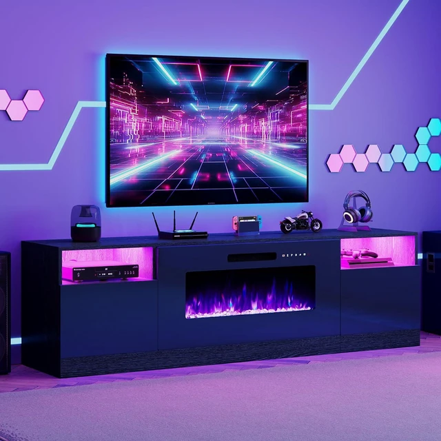 Main image of 80" Fireplace TV Stand with 40" Electric Fireplace, TV Console with High Gloss Storage Cabinets and 12 Colors LED Lights, Modern Entertainment Center for TVs Up to 90", Black