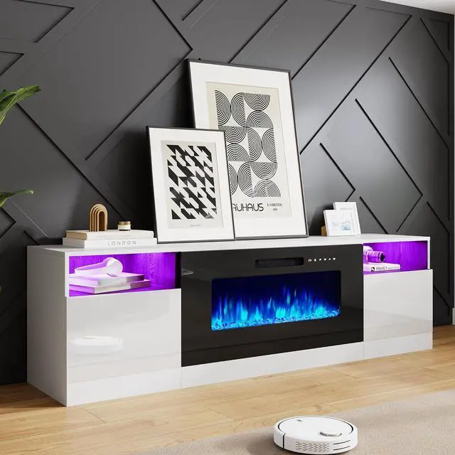 Alt view image 7 of 7 - 70" Fireplace TV Stand with 36" Electric Fireplace, TV Console with High Gloss Storage Cabinets and 12 Colors LED Lights, Modern Entertainment Center for TVs Up to 80", White & Black
