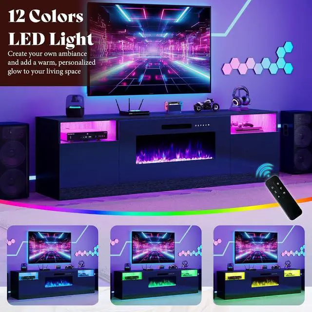 Alt view image 3 of 7 - 80" Fireplace TV Stand for TVs up to 90", Modern TV Console with 40" Electric Fireplace & High Gloss Storage Cabinets, Media Entertainment Center with 12 Colors LED Lights, Black