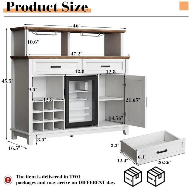Alt view image 4 of 7 - 47" Farmhouse Coffee Bar Cabinet with 15" Refrigerator & Wine Rack & Glass Holder, Wine Cabinet with Storage Drawers & Open Shelves, Sideboard Buffet Cabinet for Dinging Room, Living Room