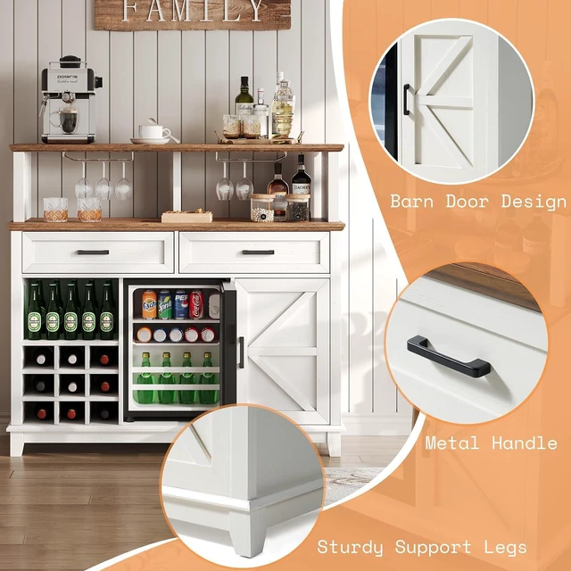 Alt view image 5 of 7 - 47" Farmhouse Coffee Bar Cabinet with 15" Refrigerator & Wine Rack & Glass Holder, Wine Cabinet with Storage Drawers & Open Shelves, Sideboard Buffet Cabinet for Dinging Room, Living Room