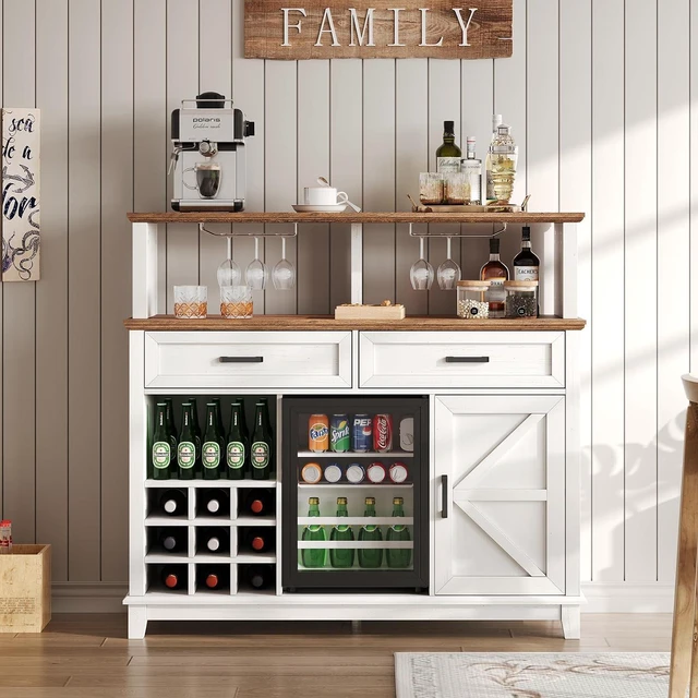 Alt view image 2 of 7 - 47" Farmhouse Coffee Bar Cabinet with 15" Refrigerator & Wine Rack & Glass Holder, Wine Cabinet with Storage Drawers & Open Shelves, Sideboard Buffet Cabinet for Dinging Room, Living Room