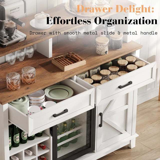 Alt view image 6 of 7 - 47" Farmhouse Coffee Bar Cabinet with 15" Refrigerator & Wine Rack & Glass Holder, Wine Cabinet with Storage Drawers & Open Shelves, Sideboard Buffet Cabinet for Dinging Room, Living Room
