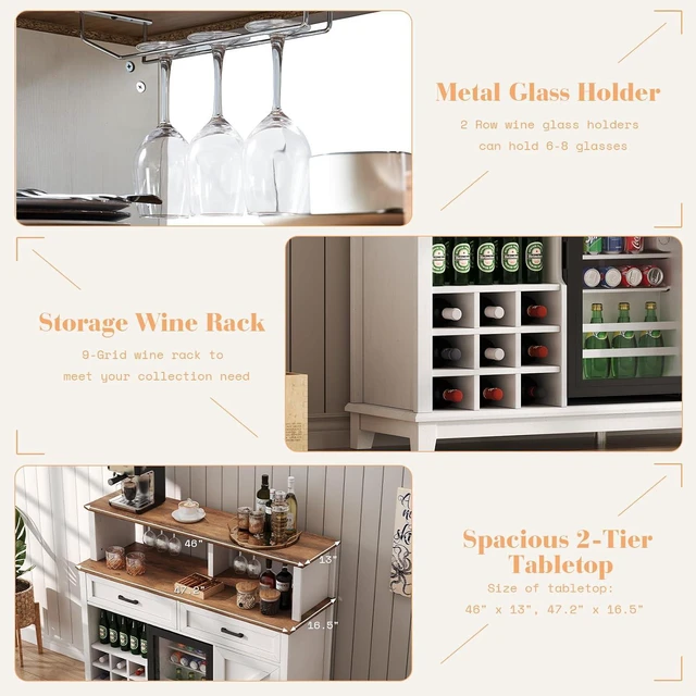 Alt view image 7 of 7 - 47" Farmhouse Coffee Bar Cabinet with 15" Refrigerator & Wine Rack & Glass Holder, Wine Cabinet with Storage Drawers & Open Shelves, Sideboard Buffet Cabinet for Dinging Room, Living Room