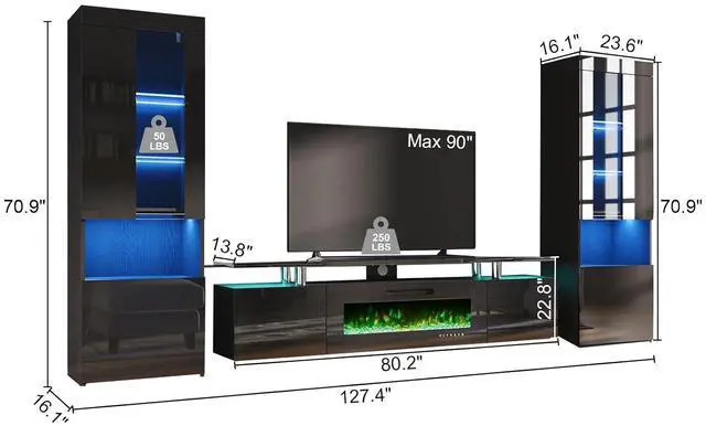 Alt view image 2 of 7 - Entertainment Center with Fireplace and Bookcases, Includes 80" 2-Tier Fireplace TV Stand with 40" Fireplace, 2 x High Gloss Bookshelves with LED Lights & Glass Doors, Obsidian Black