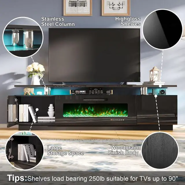 Alt view image 4 of 7 - Entertainment Center with Fireplace and Bookcases, Includes 80" 2-Tier Fireplace TV Stand with 40" Fireplace, 2 x High Gloss Bookshelves with LED Lights & Glass Doors, Obsidian Black
