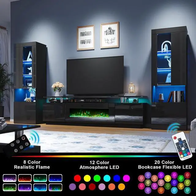 Alt view image 6 of 7 - Entertainment Center with Fireplace and Bookcases, Includes 80" 2-Tier Fireplace TV Stand with 40" Fireplace, 2 x High Gloss Bookshelves with LED Lights & Glass Doors, Obsidian Black