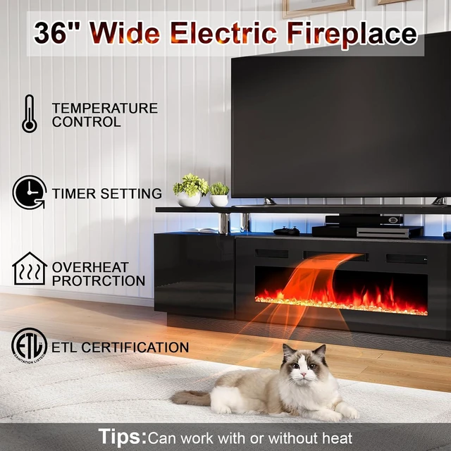 Alt view image 3 of 7 - Entertainment Center with Fireplace and Bookcases, Includes 70" 2-Tier Fireplace TV Stand with 36" Fireplace, 2 x Modern High Gloss Bookshelves with LED Lights & Glass Doors, Black