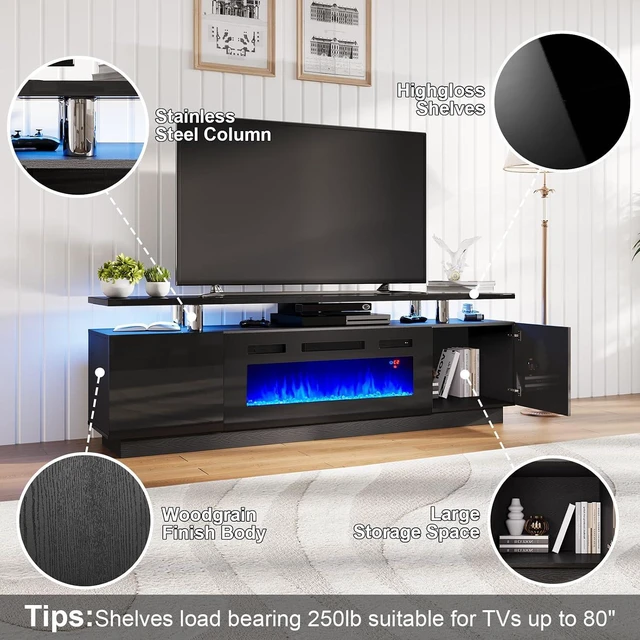 Alt view image 4 of 7 - Entertainment Center with Fireplace and Bookcases, Includes 70" 2-Tier Fireplace TV Stand with 36" Fireplace, 2 x Modern High Gloss Bookshelves with LED Lights & Glass Doors, Black