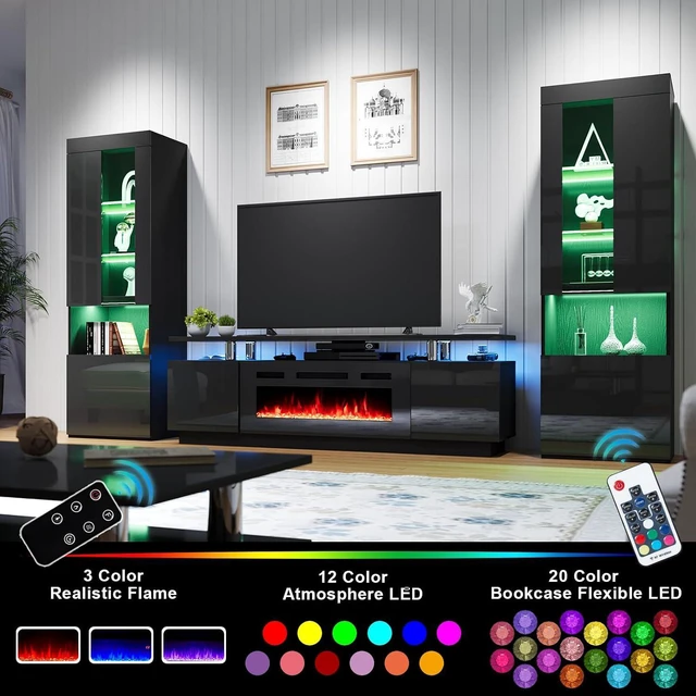 Alt view image 6 of 7 - Entertainment Center with Fireplace and Bookcases, Includes 70" 2-Tier Fireplace TV Stand with 36" Fireplace, 2 x Modern High Gloss Bookshelves with LED Lights & Glass Doors, Black