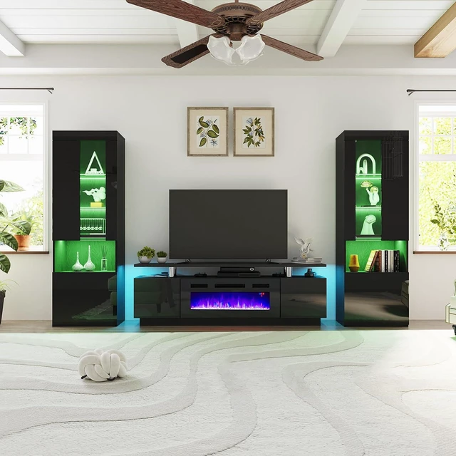Alt view image 7 of 7 - Entertainment Center with Fireplace and Bookcases, Includes 70" 2-Tier Fireplace TV Stand with 36" Fireplace, 2 x Modern High Gloss Bookshelves with LED Lights & Glass Doors, Black