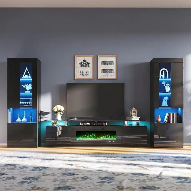 Alt view image 7 of 7 - Entertainment Center with Fireplace and Bookcases, Includes 80" 2-Tier Fireplace TV Stand with 40" Fireplace, 2 x High Gloss Bookshelves with LED Lights & Glass Doors, Obsidian Black
