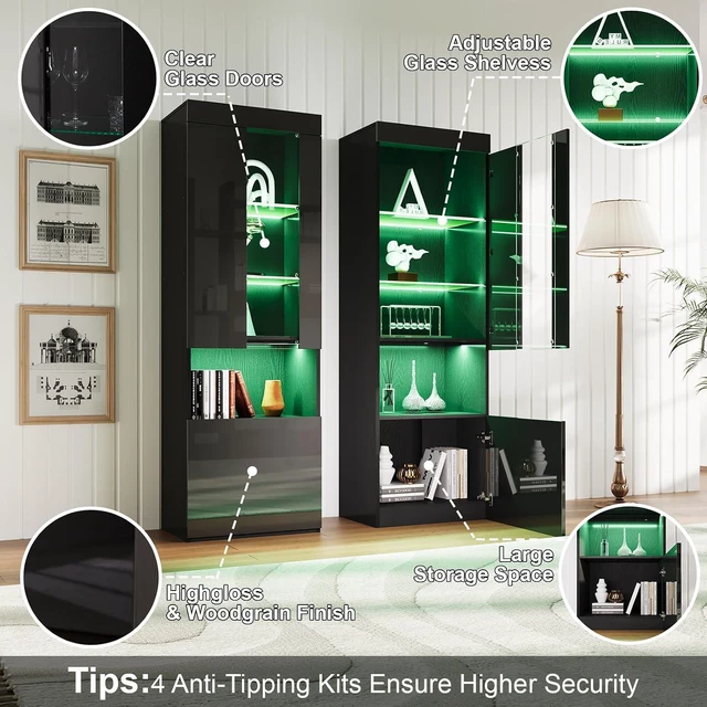 Alt view image 5 of 7 - Entertainment Center with Fireplace and Bookcases, Includes 70" 2-Tier Fireplace TV Stand with 36" Fireplace, 2 x Modern High Gloss Bookshelves with LED Lights & Glass Doors, Black