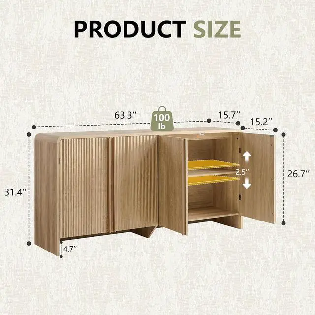 Alt view image 2 of 7 - 63" Fluted Sideboard Buffet Cabinet with Storage, Modern Credenza Console with 4 Doors & Adjustable Shelves, Wood Coffee Bar for Kitchen, Living Room, Hallway, Natural Oak