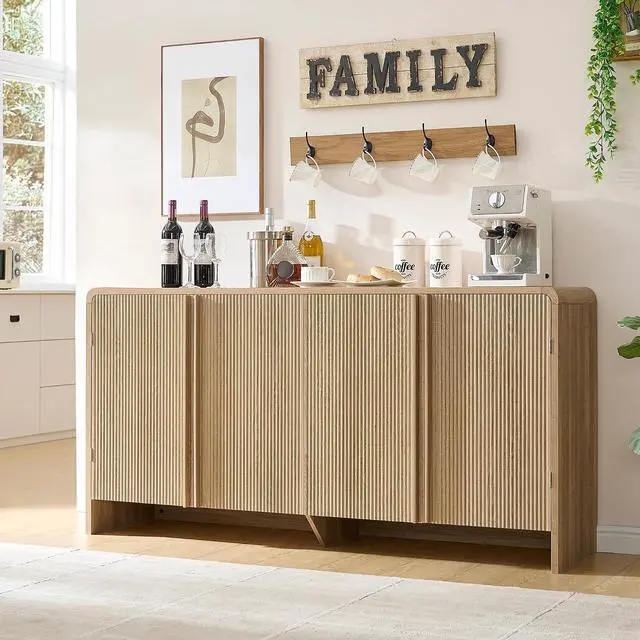 Main image of 63" Fluted Sideboard Buffet Cabinet with Storage, Modern Credenza Console with 4 Doors & Adjustable Shelves, Wood Coffee Bar for Kitchen, Living Room, Hallway, Natural Oak