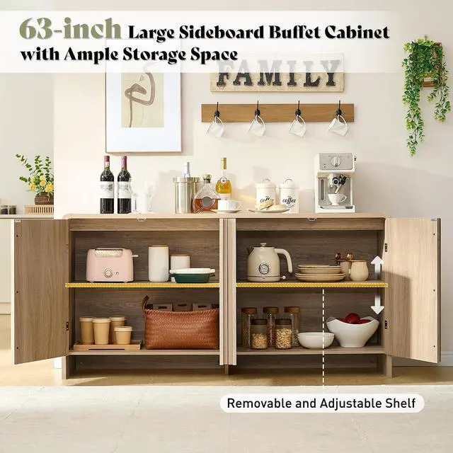 Alt view image 3 of 7 - 63" Fluted Sideboard Buffet Cabinet with Storage, Modern Credenza Console with 4 Doors & Adjustable Shelves, Wood Coffee Bar for Kitchen, Living Room, Hallway, Natural Oak
