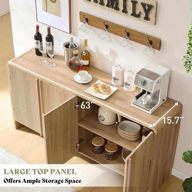 Alt view image 4 of 7 - 63" Fluted Sideboard Buffet Cabinet with Storage, Modern Credenza Console with 4 Doors & Adjustable Shelves, Wood Coffee Bar for Kitchen, Living Room, Hallway, Natural Oak