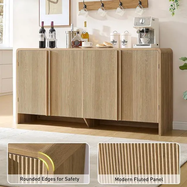 Alt view image 5 of 7 - 63" Fluted Sideboard Buffet Cabinet with Storage, Modern Credenza Console with 4 Doors & Adjustable Shelves, Wood Coffee Bar for Kitchen, Living Room, Hallway, Natural Oak