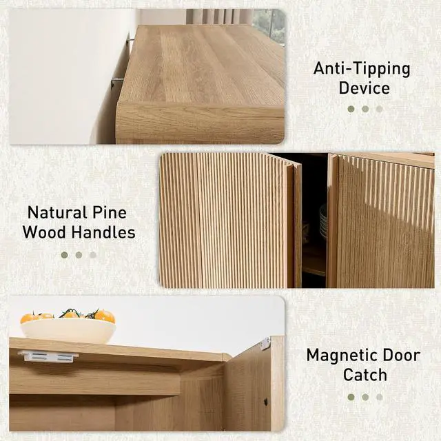 Alt view image 7 of 7 - 63" Fluted Sideboard Buffet Cabinet with Storage, Modern Credenza Console with 4 Doors & Adjustable Shelves, Wood Coffee Bar for Kitchen, Living Room, Hallway, Natural Oak