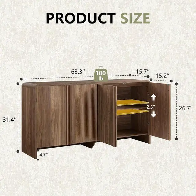 Alt view image 2 of 7 - 63" Fluted Sideboard Buffet Cabinet with Storage, Modern Credenza Console with 4 Doors & Adjustable Shelves, Wood Coffee Bar for Kitchen, Living Room, Hallway, Brown