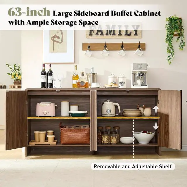Alt view image 3 of 7 - 63" Fluted Sideboard Buffet Cabinet with Storage, Modern Credenza Console with 4 Doors & Adjustable Shelves, Wood Coffee Bar for Kitchen, Living Room, Hallway, Brown