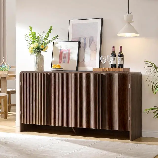 Main image of 63" Fluted Sideboard Buffet Cabinet with Storage, Modern Credenza Console with 4 Doors & Adjustable Shelves, Wood Coffee Bar for Kitchen, Living Room, Hallway, Brown