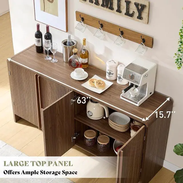 Alt view image 4 of 7 - 63" Fluted Sideboard Buffet Cabinet with Storage, Modern Credenza Console with 4 Doors & Adjustable Shelves, Wood Coffee Bar for Kitchen, Living Room, Hallway, Brown