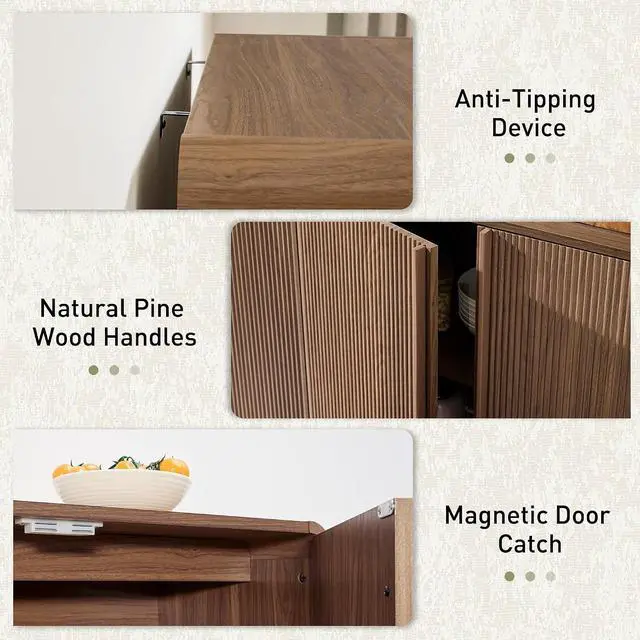 Alt view image 7 of 7 - 63" Fluted Sideboard Buffet Cabinet with Storage, Modern Credenza Console with 4 Doors & Adjustable Shelves, Wood Coffee Bar for Kitchen, Living Room, Hallway, Brown