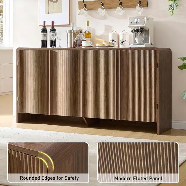 Alt view image 5 of 7 - 63" Fluted Sideboard Buffet Cabinet with Storage, Modern Credenza Console with 4 Doors & Adjustable Shelves, Wood Coffee Bar for Kitchen, Living Room, Hallway, Brown