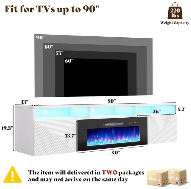 Alt view image 2 of 7 - Floating Fireplace TV Stand with 40" Electric Fireplace, 80in Wall Mounted Entertainment Center with Storage, Media Console with High Gloss Doors for TVs Up to 90", White/Black