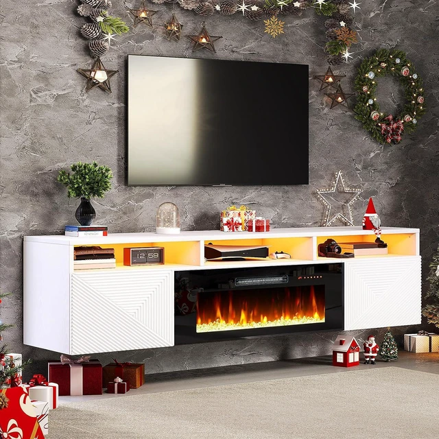 Main image of Floating Fireplace TV Stand with 40" Electric Fireplace, 80in Wall Mounted Entertainment Center with Storage, Media Console with High Gloss Doors for TVs Up to 90", White/Black