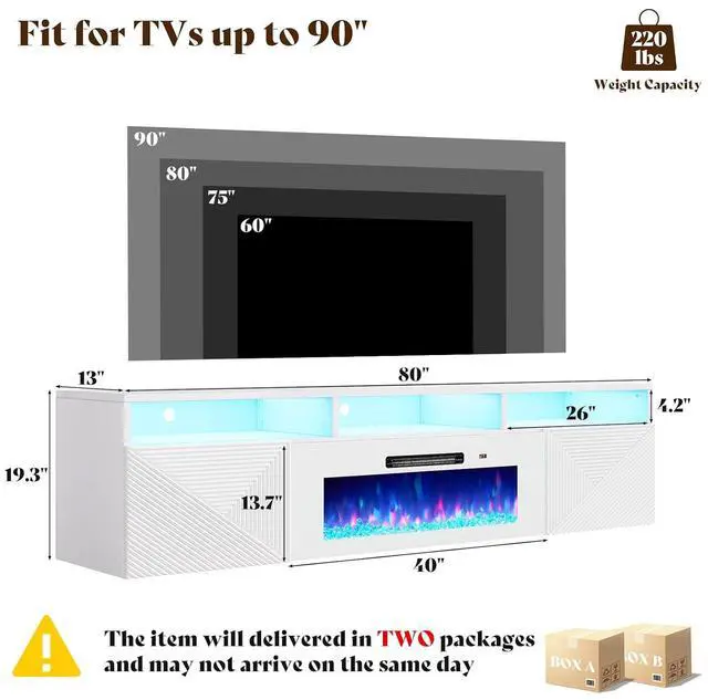 Alt view image 2 of 7 - Floating TV Stand with 40" Electric Fireplace, Modern Wall Mounted Entertainment Center with Storage, 80in Media Console with High Gloss Geometric Doors for TVs Up to 90", White