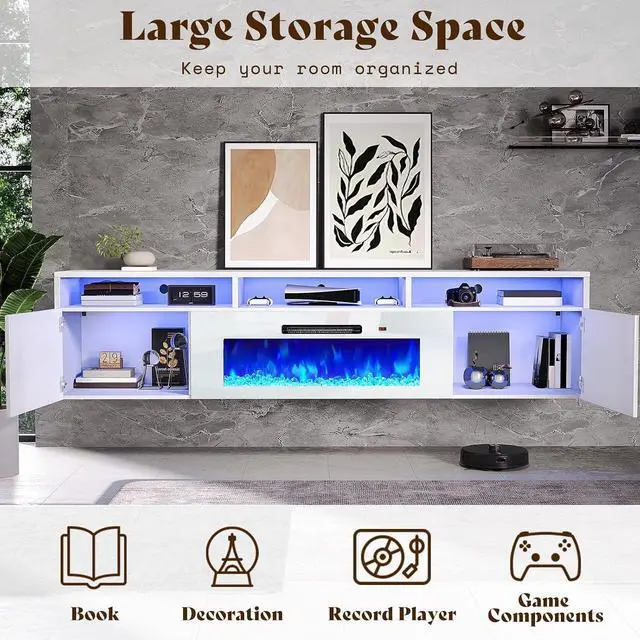 Alt view image 6 of 7 - Floating TV Stand with 40" Electric Fireplace, Modern Wall Mounted Entertainment Center with Storage, 80in Media Console with High Gloss Geometric Doors for TVs Up to 90", White