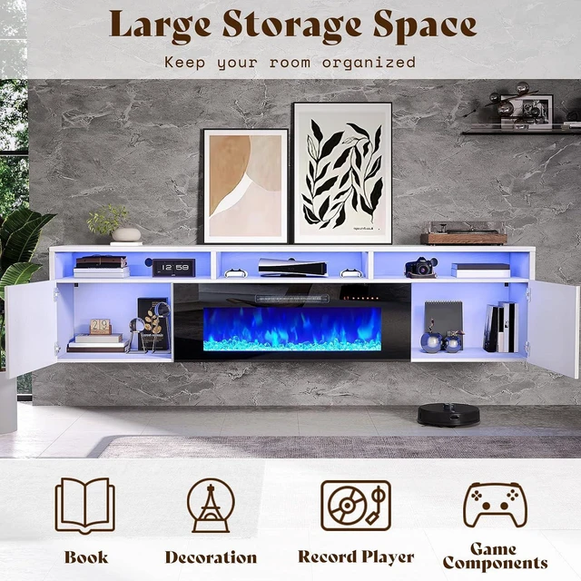 Alt view image 6 of 7 - Floating Fireplace TV Stand with 40" Electric Fireplace, 80in Wall Mounted Entertainment Center with Storage, Media Console with High Gloss Doors for TVs Up to 90", White/Black