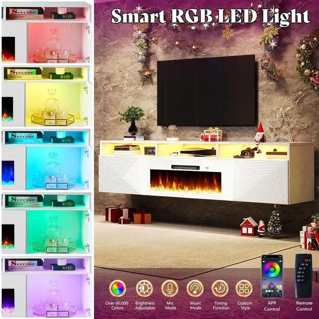 Alt view image 4 of 7 - Floating TV Stand with 40" Electric Fireplace, Modern Wall Mounted Entertainment Center with Storage, 80in Media Console with High Gloss Geometric Doors for TVs Up to 90", White
