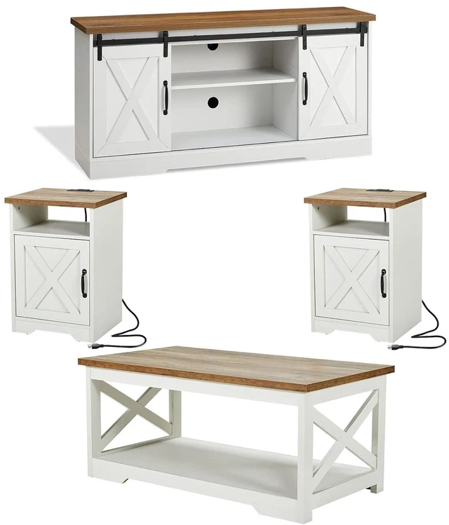 Main image of 4-Piece Farmhouse Table Set Includes Sliding Barn Door TV Stand, Coffee Table& Two End Tables, Side Table with Charging Station and USB Ports for Living Room, Distressed White, 66"