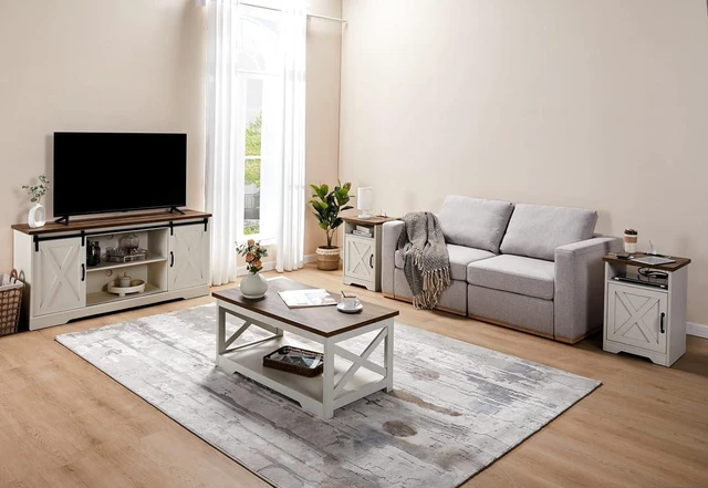 Alt view image 2 of 7 - 4-Piece Farmhouse Table Set Includes Sliding Barn Door TV Stand, Coffee Table& Two End Tables, Side Table with Charging Station and USB Ports for Living Room, Distressed White, 66"