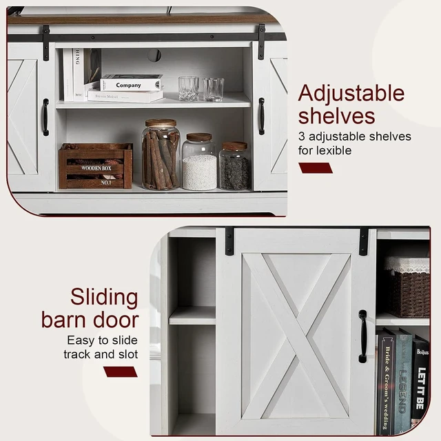Alt view image 4 of 7 - 4-Piece Farmhouse Table Set Includes Sliding Barn Door TV Stand, Coffee Table& Two End Tables, Side Table with Charging Station and USB Ports for Living Room, Distressed White, 66"