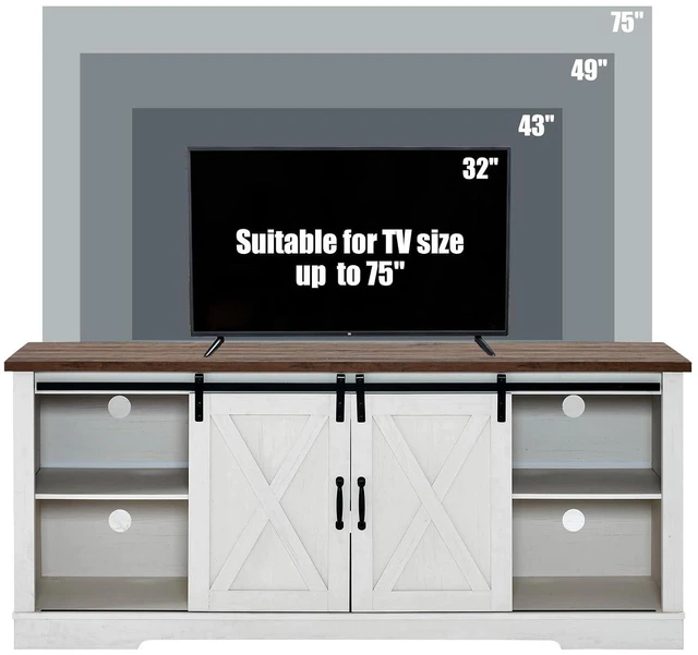Alt view image 7 of 7 - 4-Piece Farmhouse Table Set Includes Sliding Barn Door TV Stand, Coffee Table& Two End Tables, Side Table with Charging Station and USB Ports for Living Room, Distressed White, 66"