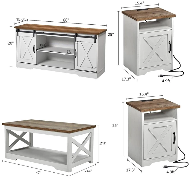 Alt view image 6 of 7 - 4-Piece Farmhouse Table Set Includes Sliding Barn Door TV Stand, Coffee Table& Two End Tables, Side Table with Charging Station and USB Ports for Living Room, Distressed White, 66"