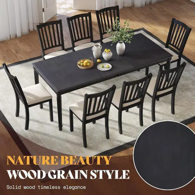 Alt view image 3 of 7 - 9-Piece Farmhouse Dining Table Set for 8, 79" Rectangular Kitchen Table with 8 Upholstered Chairs, Solid Rubberwood Frame, Roman Conical Legs, Grey