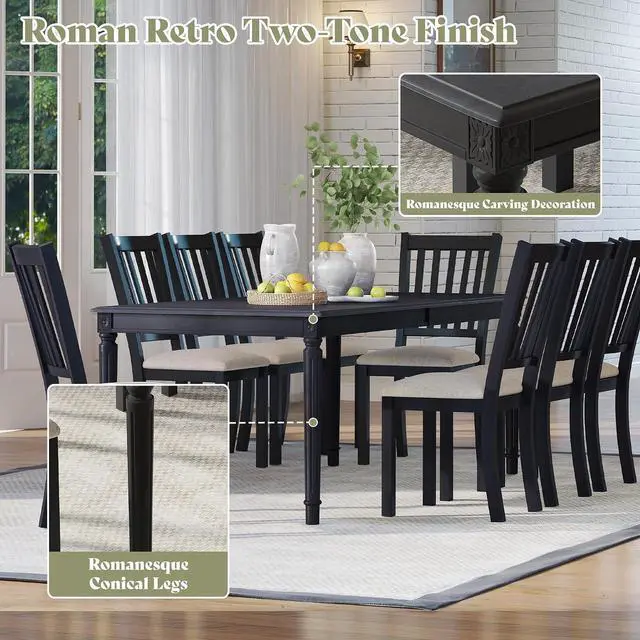 Alt view image 5 of 7 - 9-Piece Farmhouse Dining Table Set for 8, 79" Rectangular Kitchen Table with 8 Upholstered Chairs, Solid Rubberwood Frame, Roman Conical Legs, Grey
