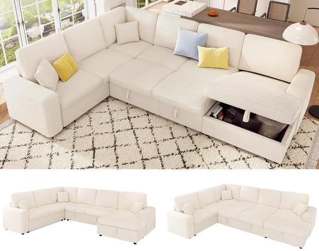 Main image of 130" Sofa Bed, Sectional Sleeper Sofa with Pull Out Bed, Sleeper Couch with Storage, 6 Seater Couch for Living Room, Corduroy Off-White
