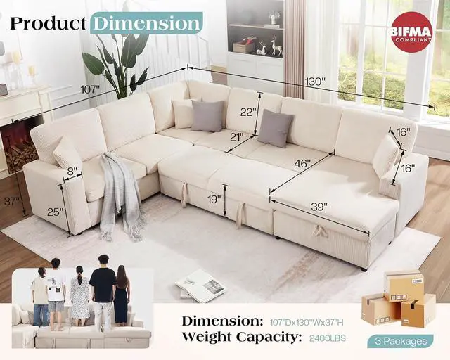 Alt view image 2 of 7 - 130" Sofa Bed, Sectional Sleeper Sofa with Pull Out Bed, Sleeper Couch with Storage, 6 Seater Couch for Living Room, Corduroy Off-White