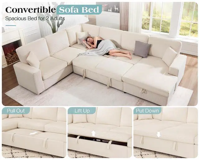 Alt view image 4 of 7 - 130" Sofa Bed, Sectional Sleeper Sofa with Pull Out Bed, Sleeper Couch with Storage, 6 Seater Couch for Living Room, Corduroy Off-White