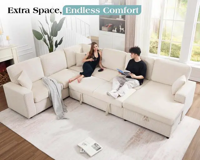 Alt view image 5 of 7 - 130" Sofa Bed, Sectional Sleeper Sofa with Pull Out Bed, Sleeper Couch with Storage, 6 Seater Couch for Living Room, Corduroy Off-White