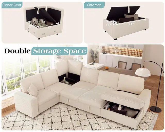 Alt view image 6 of 7 - 130" Sofa Bed, Sectional Sleeper Sofa with Pull Out Bed, Sleeper Couch with Storage, 6 Seater Couch for Living Room, Corduroy Off-White